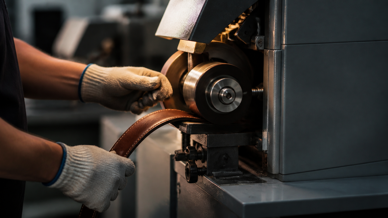 Leather belt edge being finished on an industrial machine